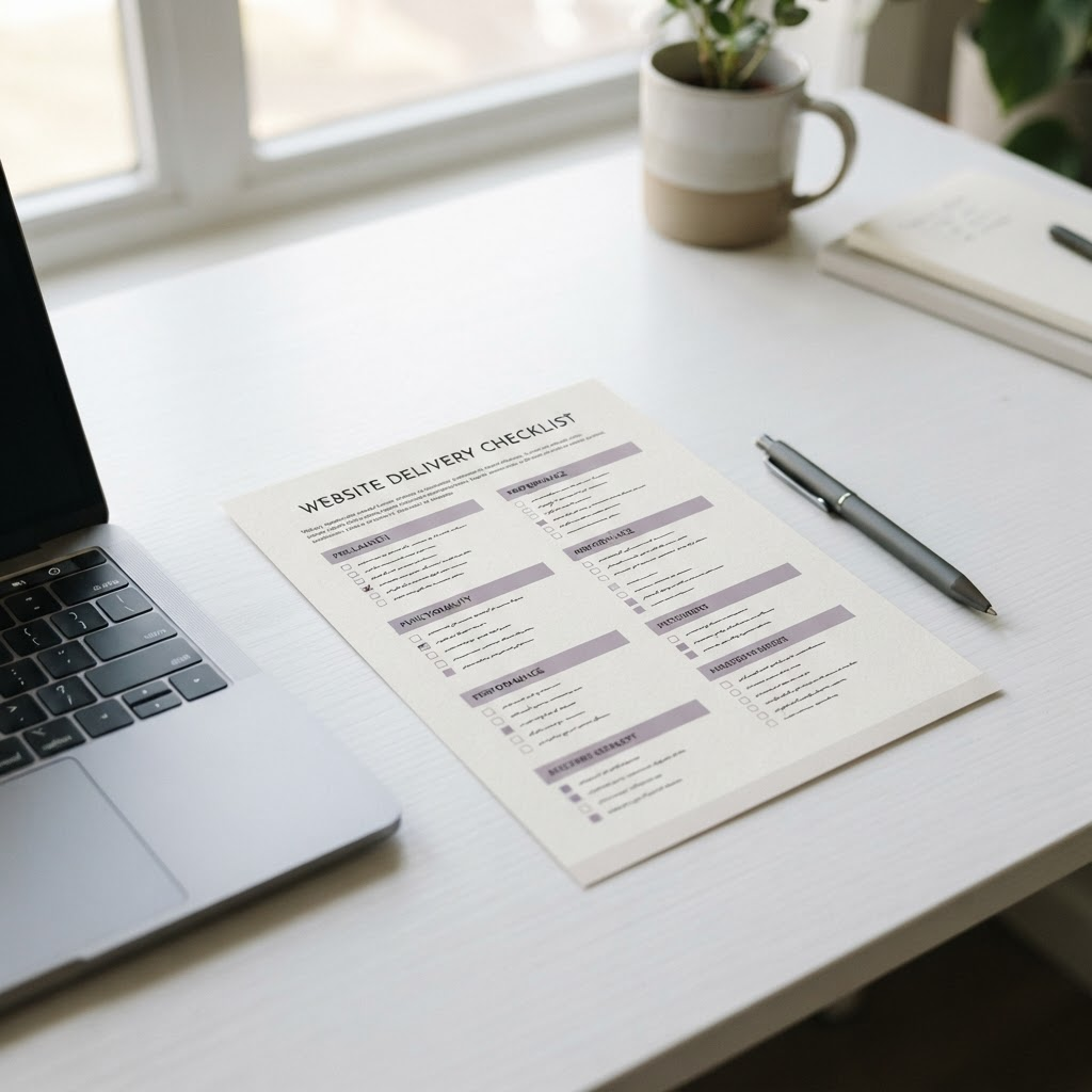 Checklist di consegna stampata su scrivania con penna e laptop sullo sfondo