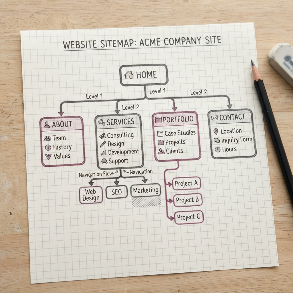 Esempio di sitemap disegnata a mano su carta millimetrata per un sito web